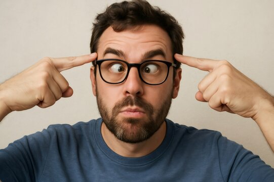 Bearded man crossing his eyes and pointing fingers at his temples, creating a goofy and playful expression in a studio setting