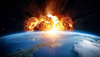 a massive explosion occurs in space above earth with fiery impacts and devastation visible on the planetrs surface