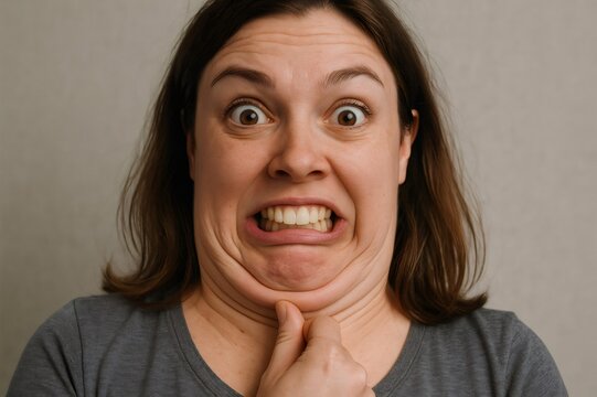 Caucasian woman making a silly face while playfully pushing her double chin with her finger, showcasing a humorous and goofy expression