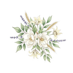 Watercolor floral wedding bouquet, Elegant magnolia and lavender arrangement, Hand drawn vintage floral illustration