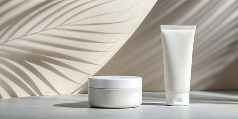 Clean white skincare products with tropical leaf shadows