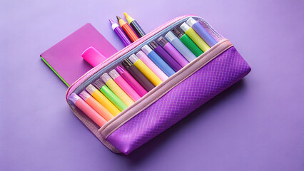 Purple Pencil Case Filled with Highlighters and Stationery