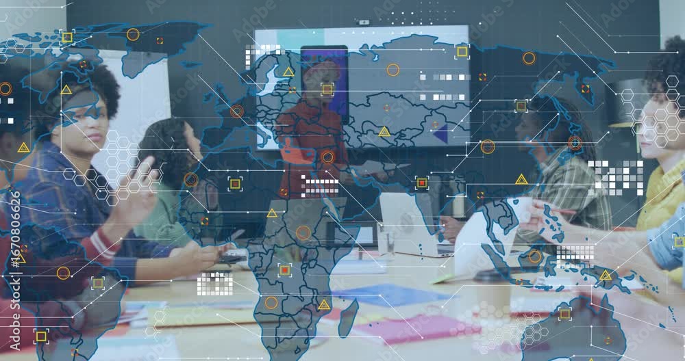 Aufkleber presenter wearing red top initiating map overlay pointing handing slide showing business data