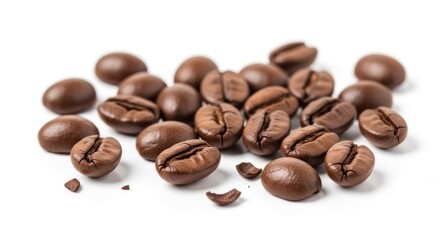Obraz premium Roasted coffee beans scattered on a plain white background, displaying rich brown tones and a close-up view of their textures.
