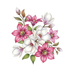 White and pink watercolor floral bouquet, Hand-painted watercolor magnolia and clematis flowers, Elegant watercolor floral arrangement