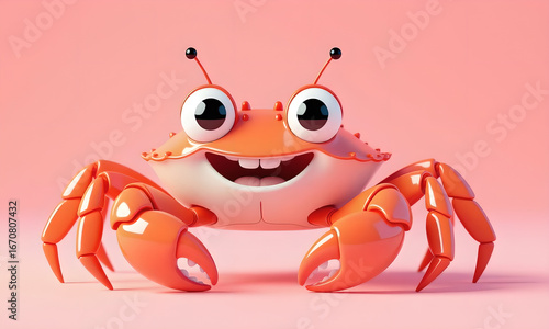 Cute cartoon crab character smiling on pink background, illustration for kids