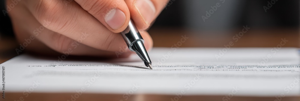 Poster hand writing a signature with a pen on a document in a professional office setting during the daytim
