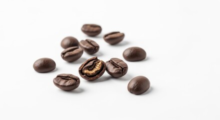 Dark brown coffee beans are scattered across a plain white background, displaying various textures and light reflections.