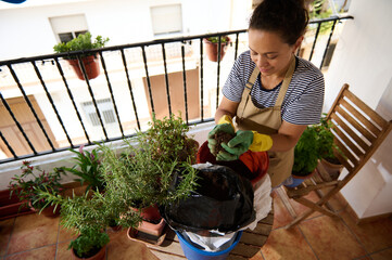 Woman Gardening on Balcony with Potted Plants and Greenery