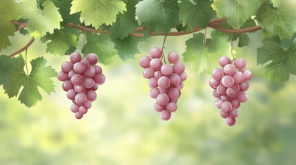 Fototapeta premium Fresh Red Grapes Hanging from Vine with Lush Green Leaves in Soft Natural Light Background
