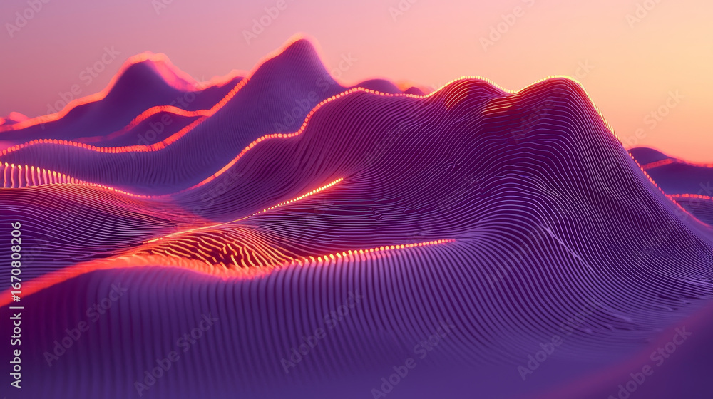 Poster vibrant abstract landscape featuring flowing wave patterns and smooth contours, illuminated by warm 