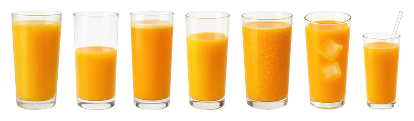 Orange juice glass set including full, half-full, pulpy, iced, and with straw variations isolated. Refreshing beverage and healthy drink collection.