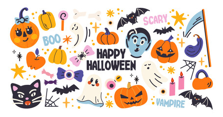 Halloween stickers in retro cartoon style. Scary magic holiday elements: pumpkins, ghosts, witch hats. Candles, cauldron, skulls, spooky decor. Illustration in retro cartoon style, trendy shapes © Limpreom