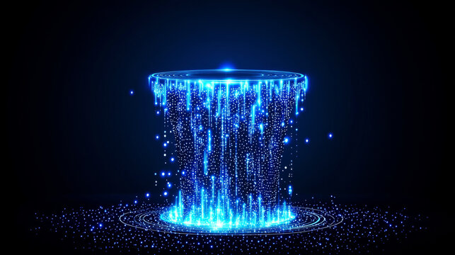 Glowing blue orb of light hovers in darkness, surrounded by cascading particles that create mesmerizing waterfall effect. scene evokes sense of wonder and mystery