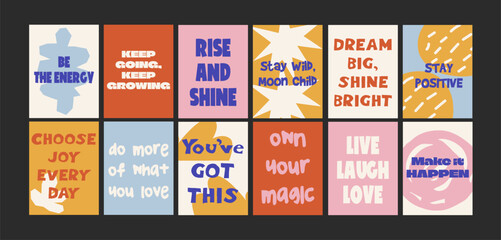 Obraz premium Abstract motivational posters for wall decor. Positive quotes and geometric compositions in cartoon trendy style. Decor for kitchens, cafes and restaurants. Minimalist wall banners.