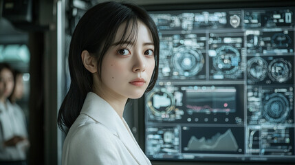 Focused individual stands high tech environment, surrounded by digital interfaces and data displays. atmosphere conveys sense of innovation and intelligence, highlighting intersection