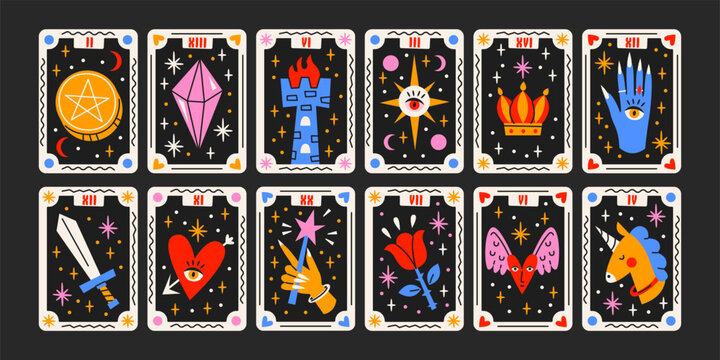 Tarot magic cards set major Arcana. Celestial magic poters with esoteric mystical symbols. Set for fortune telling. Spiritual postcards with signs of fate predictions. Magical symbols: crystal, crown
