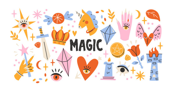Set of magic and mystical stickers in retro style. Crystals, sword, crown, unicorn, candle, eye, pentagram, heart, moon and castle. Esoteric symbols for fantasy, occult design, tarot and witchcraft
