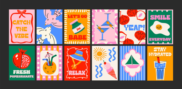 Abstract party posters in cartoon style 90s. Wall decor, bright banners of summer, disco, plants, cocktails in the minimalist style of Matisse. Decor of wallpaper, walls and postcards