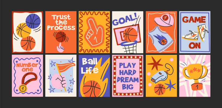 Set basketball posters in retro style. Balls, sneakers, court, trophy, whistle and sport slogans. Colorful graphic postcards with dynamic athletic game, competition and training. Wall decor design