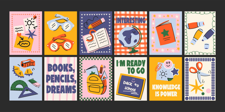 Back to school posters. Backpacks, school items, stationery, notebooks in retro groovy cartoon style.Retro vector elements for study, school, university. Decor of wallpaper, walls, print and postcard