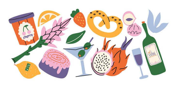 Food and drinks 90s stickers in retro cartoon style. Pretzel, dragon fruit, wine bottle, cocktail, cherry jam, cake, lemon, strawberry, garlic, olives and wheat. Illustration for cuisine, bakery shape