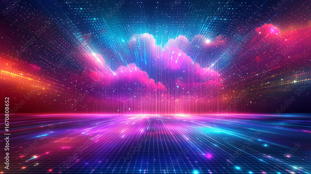 Poster vibrant virtual sky filled with layered digital clouds, illuminated by colorful lights and patterns,