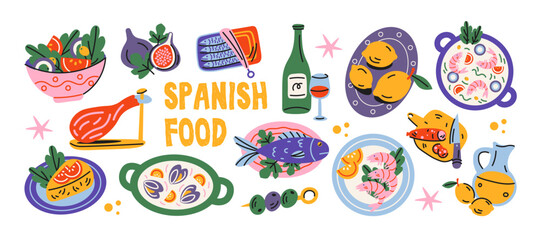 Spanish cuisine traditional dishes. Tapas, paella, jamon, seafood, olives and wine as Mediterranean food culture. National gastronomy and culinary heritage of Spain. Isolated vector illustration.