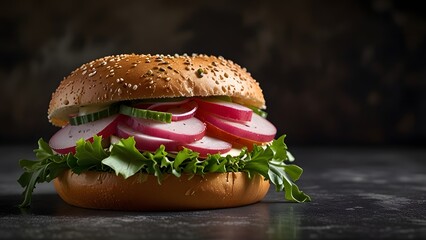 "Delicious Gourmet Bagel Sandwich with Ham, Cheese, Fresh Radish, and Green Leaves on Rustic Dark Background, Tasty Breakfast or Lunch Food Photography, Close-up of Healthy Snack for Modern Cuisine"
