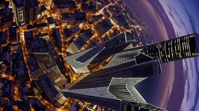 Leaping upwards towards the heavens, revolving viewpoint on the municipal landscape where two high structures are observed projecting into the sky and metropolitan thoroughfares radiate from the illu