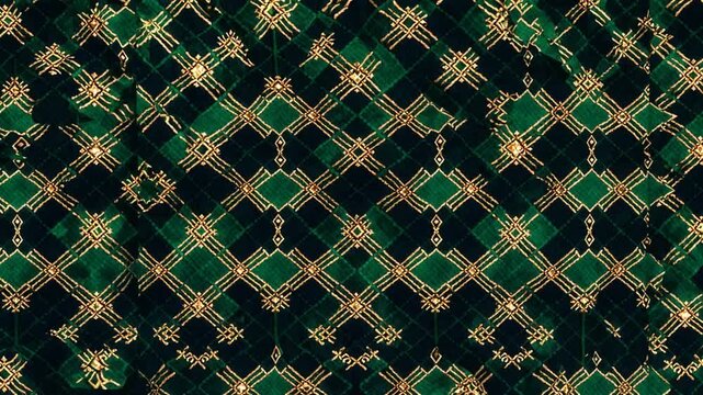 seamless repeating vivid geometric pattern in dark green with thin golden dotted lines, resembling Argyle design suitable for fabric, textile, men's clothing, wrapping paper, or Little Gentleman part