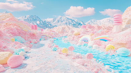 Whimsical candy themed landscape features vibrant pastel colors, fluffy mountains, and sparkling blue river. Lollipop trees and rainbow arcs create joyful atmosphere, inviting exploration