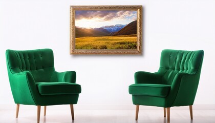 two green chairs and a landscape painting in the interior