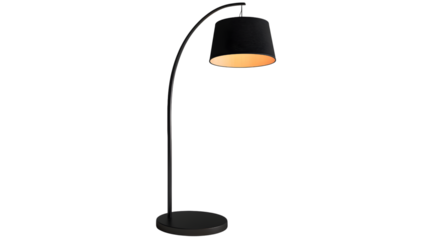 Black arc floor lamp with striped shade isolated on a transparent background