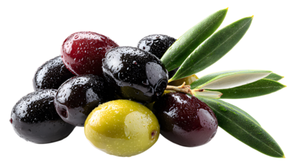 Black and green olives with leaves isolated on a transparent background