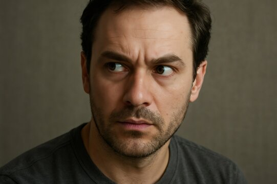 Portrait of a man with a suspicious expression glancing sideways with distrust and concern, expressing anxiety and worry