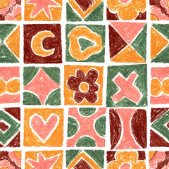 Seamless geometric pattern. Retro hearts and flowers. Hand drawn with pastels. Decorative colorful background.