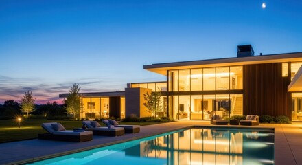 Obraz premium Modern luxury home with a swimming pool, bathed in warm evening light, sits serenely in a lush landscape.