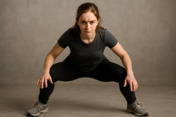 Obraz premium Young woman performing a dynamic stretching exercise with a determined expression, showcasing strength and flexibility