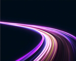 Image of speed motion on the road.	Modern wallpaper with glowing vertical lines. Light trails of neon light speed motion with glow effect on black background. 