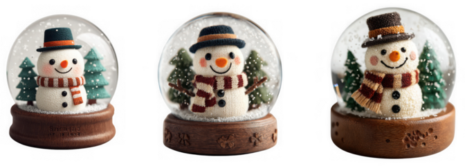 Three cute snowmen in glass globes with trees and hats, isolated on transparent background