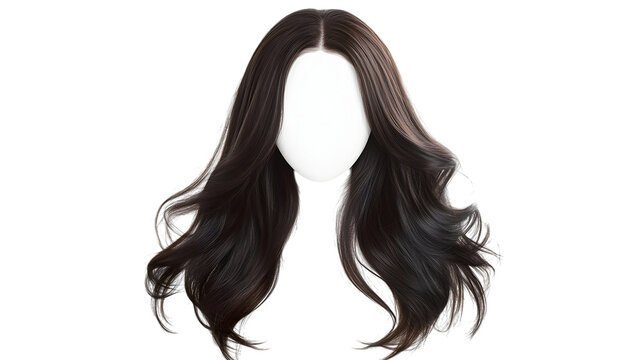 Dark brown wavy wig on mannequin isolated on a transparent background