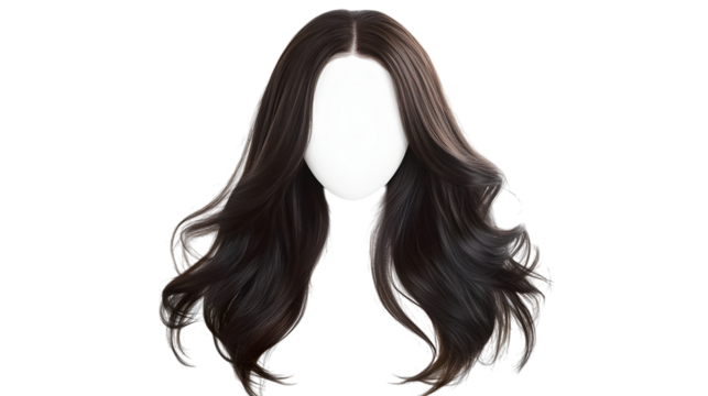 Dark brown wavy wig on mannequin isolated on a transparent background