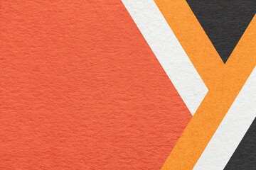 Abstract red textured paper background with white, orange, black geometric lines, copy space for...