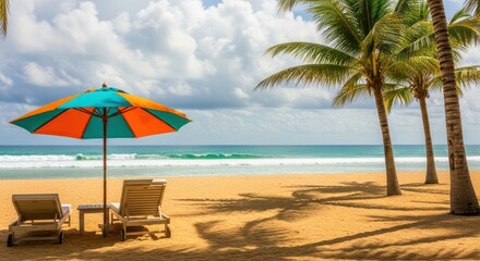 A vibrant beach scene features colorful umbrellas, comfortable lounge chairs, and swaying palm trees on a sandy shore, creating a relaxed and sunny atmosphere.
