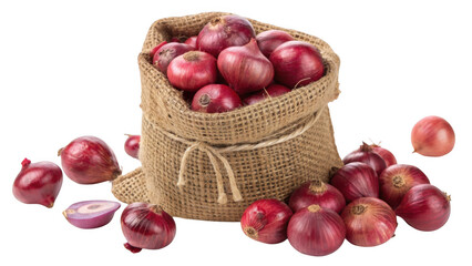 Obraz premium Burlap sack overflowing with fresh red onions and scattered around isolated on transparent background