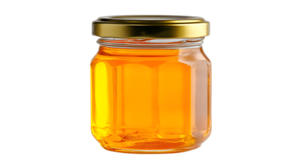 Glass jar of golden honey with gold lid isolated on a transparent background