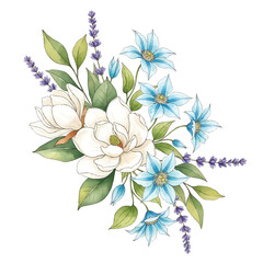 magnolia and clematis floral arrangement, watercolor flower bouquet illustration, hand drawn botanical wedding design