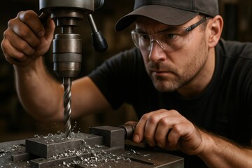 Machinist wearing safety glasses carefully operating a drill press, making metal shavings and demonstrating workplace safety