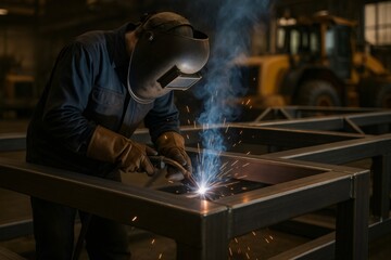 Industrial worker welding steel structure in factory, generating sparks and smoke, with machinery in background